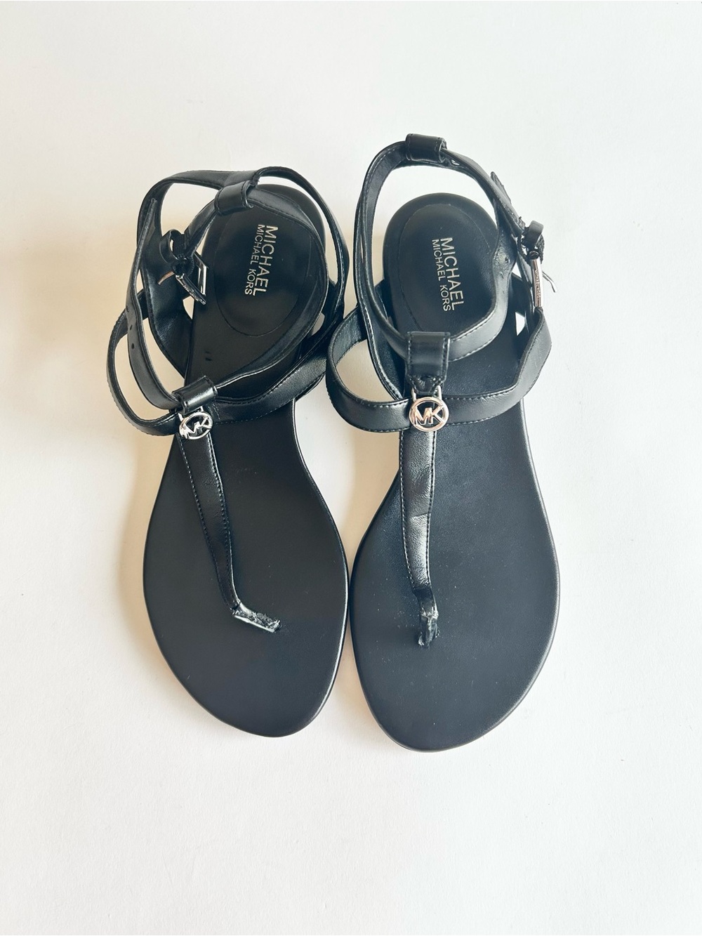 Michael Kors Black Leather Ankle Strap Silver Metal Logo Sandals size 7 - Picture 4 of 16